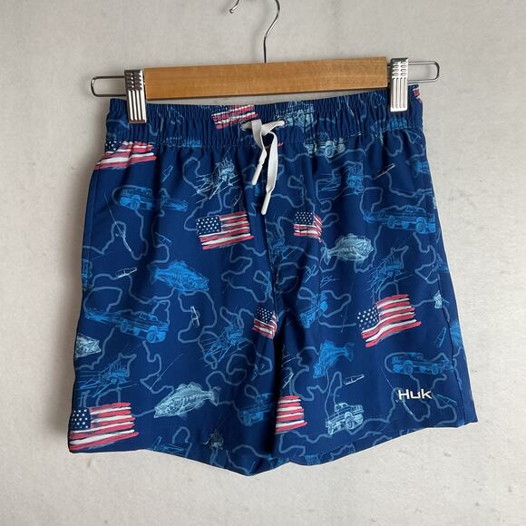 Huk Boys Fourth of July Trucks and Fishin Drawstring Swim Trunks Youth Medium - Picture 2 of 10